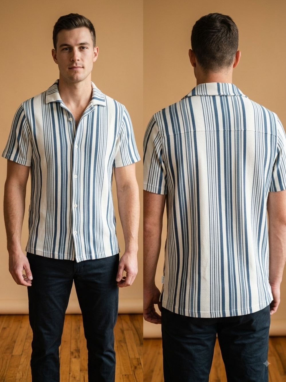 Men's Short-Sleeve Striped Button-Down Shirt in Blue and White